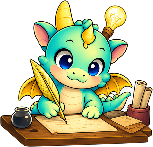 Dragon writing with a quill